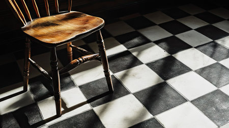Black and white checkered floor tiles with a vintage wooden chair casting a shadowの素材