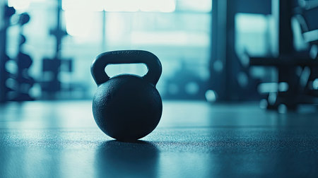 Close-up of a black kettlebell resting on the floor with blurred gym equipment in the backgroundの素材