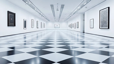 Black and white tile flooring in an art gallery with clean white walls and contemporary art piecesの素材