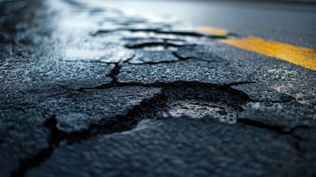 Close-up of deflated tire tread pressed against the asphalt road surfaceの素材