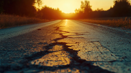 Cracked asphalt road with visible patch repairs and uneven surface, taken during golden hourの素材