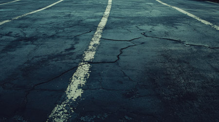 Cracked blacktop surface of a parking area with faded paint lines, highlighting neglect and ageの素材