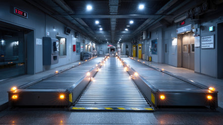 Empty security screening station with conveyor belt, plastic trays, and a quiet terminal ambianceの素材