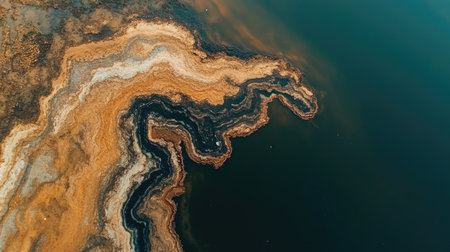 Dirty lake water with layers of sediment and pollutants swirling in a stagnant areaの素材