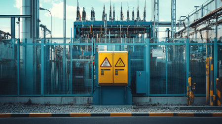 Electrical transformer unit housed in an outdoor substation with industrial fencing and warning signsの素材