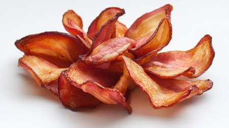 Fried bacon pieces arranged in a fan shape, isolated on white to highlight texture, fat, and caramelizationの素材