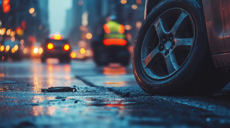 Flat tire on an urban street with city traffic in the background and reflective safety vest on the driverの素材