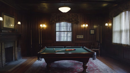 Elegant game-themed living room featuring a vintage pool table, dark wood paneling, and wall sconcesの素材