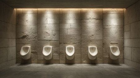 Empty men's restroom with hygienic white urinals and minimalist wall design, emphasizing order and simplicityの素材