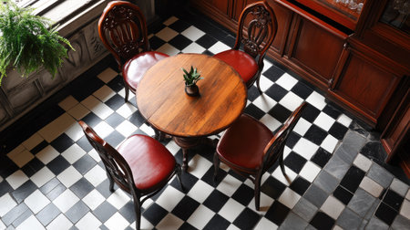 High-angle shot of black and white floor tiles contrasting with warm wooden furnitureの素材