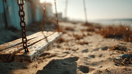 Ground-level view of a chain swing seat casting a shadow on sunlit sand, with bokeh in the backgroundの素材
