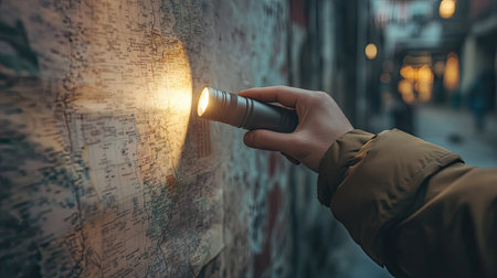 Hand directing LED flashlight light on a map pinned to a wall during an outdoor expeditionの素材