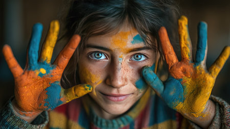 Girl with paint-stained hands smiling as she paints an imaginative design using bright acrylic colorsの素材