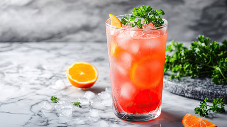 Healthy tomato juice with parsley and ice served in a tall glass, placed on a marble countertopの素材