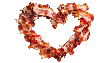 Fried bacon strips forming a heart shape, isolated on white for a fun and tasty concept imageの素材