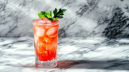 Healthy tomato juice with parsley and ice served in a tall glass, placed on a marble countertopの素材