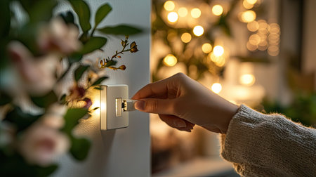 Hands replacing a broken light switch with a new, stylish model in a home interiorの素材