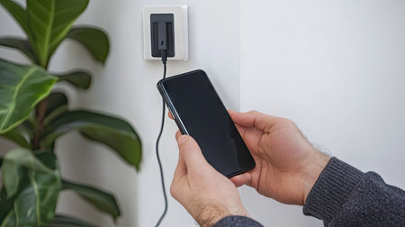 Hands holding a phone plugged into a wall charger with visible power cableの素材