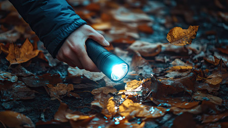 Hand holding LED flashlight shining bright light on wet leaves during a nighttime walkの素材
