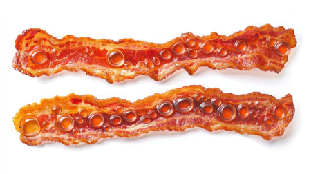 High-resolution image of four bacon strips with crispy edges and fat bubbles, isolated on whiteの素材