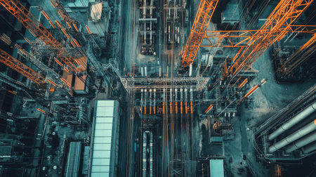 High-angle shot of a large transformer yard with multiple substations and interconnected power linesの素材