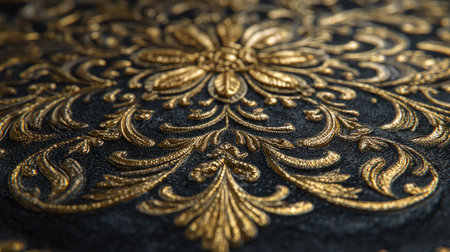 Intricate baroque patterns embossed in gold on a black velvet surface, radiating royal elegance and vintage luxuryの素材