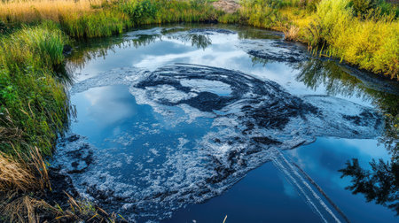 Industrial pollution entering a lake, mixing with natural water causing visible contaminationの素材