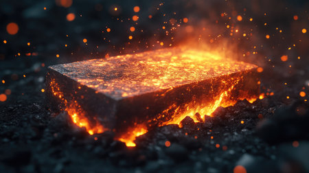 Iron ingot glowing from furnace heat, entering a high-pressure forging press with sparks flyingの素材