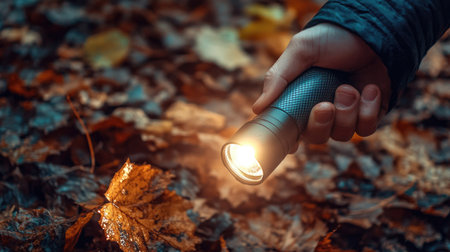 Hand holding LED flashlight shining bright light on wet leaves during a nighttime walkの素材
