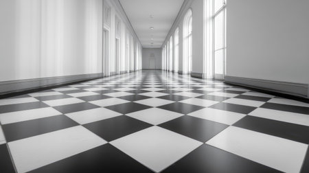 High-contrast black and white tiled floor in an empty room, shot from a low angle to emphasize patternの素材
