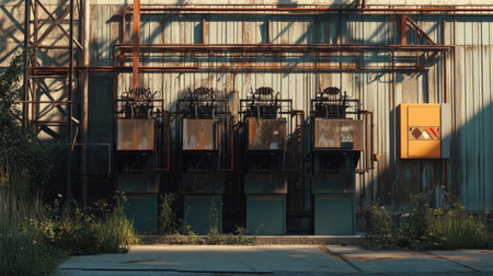 Industrial substation infrastructure with transformers, circuit breakers, and steel framework in a secure compoundの素材