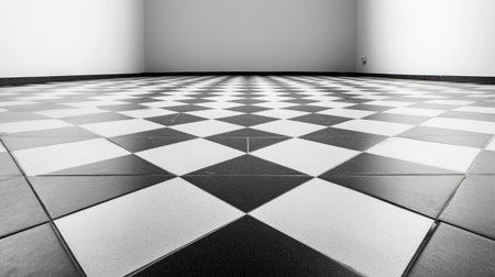 High-contrast black and white tiled floor in an empty room, shot from a low angle to emphasize patternの素材
