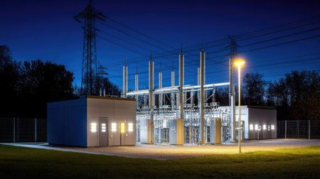 Modern electrical substation lit up at night, glowing softly with artificial lighting against the dark skyの素材