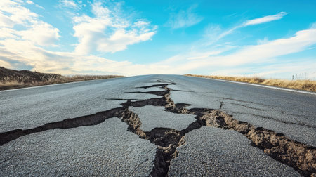 Long stretch of an old cracked asphalt road disappearing into the horizon under a blue skyの素材