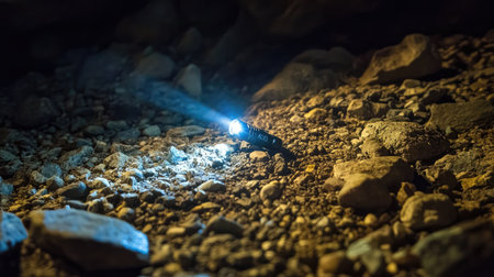 LED flashlight beam focused on rocky terrain during a nighttime hiking adventureの素材