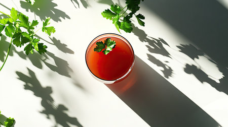 Minimalist top-down photo of tomato juice in a glass with parsley on a white table with shadows and lightの素材