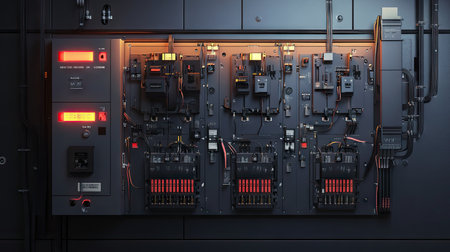 Modern home electrical distribution board with labeled circuit breakers and safety coversの素材