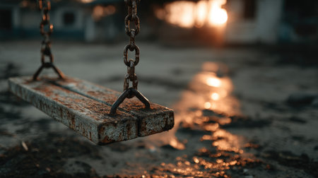 Playground swing hanging from metal chains, seat casting long shadows on the sand during golden hourの素材
