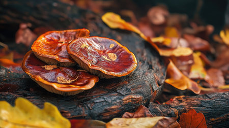Mature Reishi mushrooms with cracked caps on a dead tree, surrounded by autumn leavesの素材