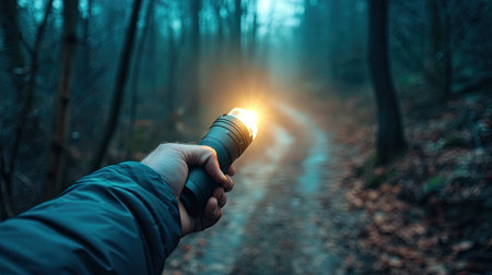 Portable LED flashlight held by hand, lighting the way on a dark hiking trailの素材