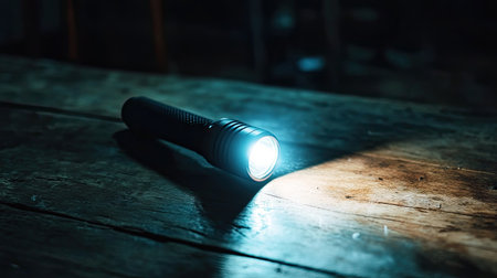 LED flashlight beam illuminating a small object on a wooden table in a dark roomの素材