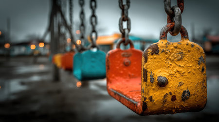 Row of swings hanging from chains in symmetry, creating a rhythmic pattern of metal and colorの素材