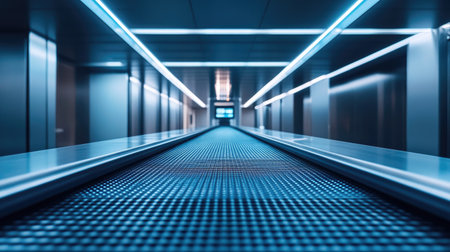 Perspective shot of a security conveyor belt leading into an X-ray scanner in a quiet airport terminalの素材