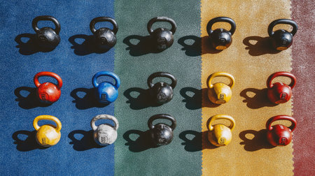 Overhead shot of kettlebells on a rubber gym mat, forming a pattern of weights and colorsの素材
