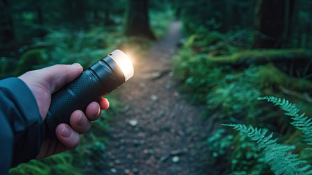 Portable LED flashlight held by hand, lighting the way on a dark hiking trailの素材