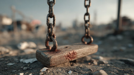 Minimalistic photo of a single swing with metal chains centered in an empty playground with soft natural lightingの素材