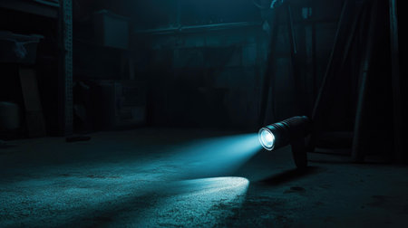 Portable LED flashlight beam casting dramatic shadows in a dark storage roomの素材