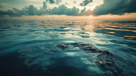 Murky, polluted lake water with floating debris and visible oil slicks under cloudy skiesの素材