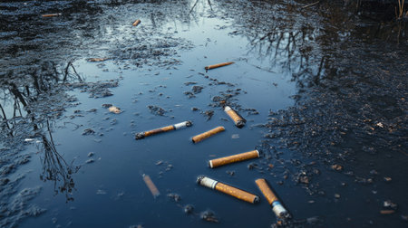 Polluted lake surface with oily reflections and scattered cigarette butts floating on topの素材