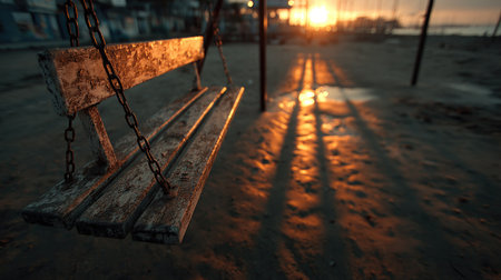 Playground swing hanging from metal chains, seat casting long shadows on the sand during golden hourの素材